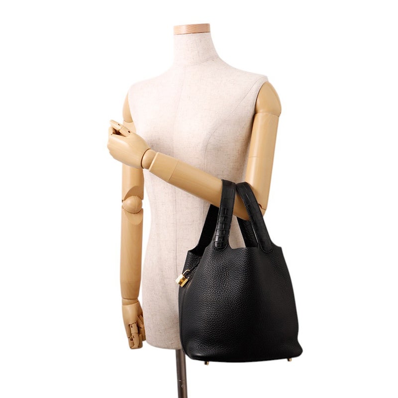 エルメス ハンドバッグ ピコタンロックMM ブラック/ゴールド金具 トリヨンクレマンス/アリゲーターマット Y刻印 黒