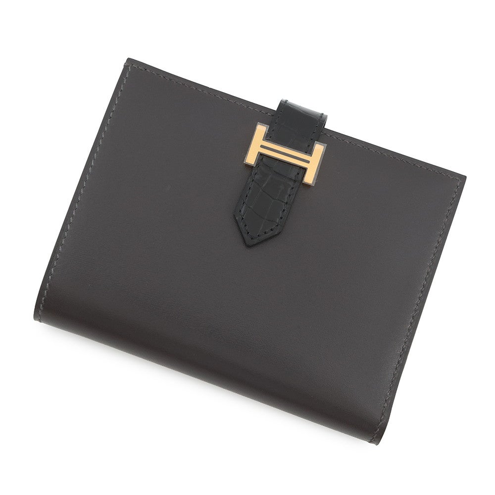 エルメス 二つ折り財布 ベアンコンパクト タッチ グラファイト/ブラック/ゴールド金具 タデラクト/アリゲーターシャイン K刻印 黒 エルメス 二つ折り財布 ベアンコンパクト タッチ グラファイト
