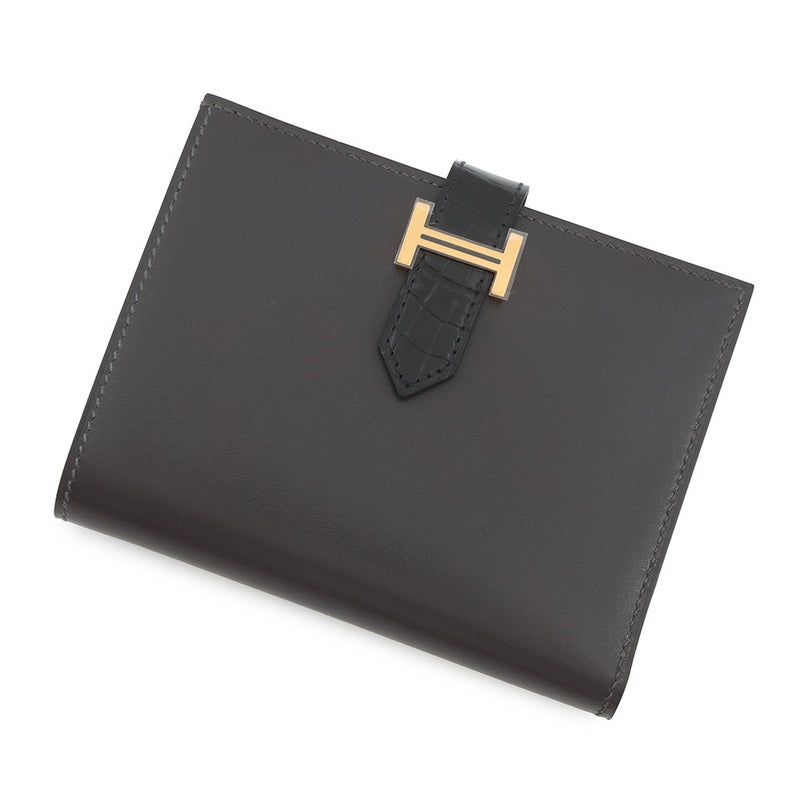 エルメス 二つ折り財布 ベアンコンパクト タッチ グラファイト/ブラック/ゴールド金具 タデラクト/アリゲーターシャイン K刻印 黒