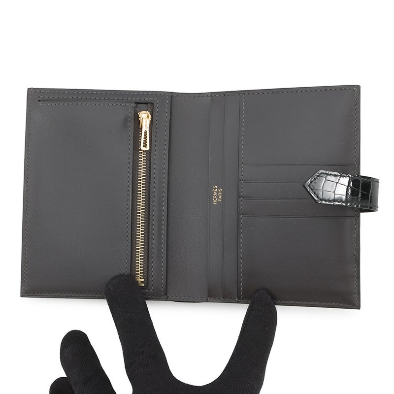 エルメス 二つ折り財布 ベアンコンパクト タッチ グラファイト/ブラック/ゴールド金具 タデラクト/アリゲーターシャイン K刻印 黒