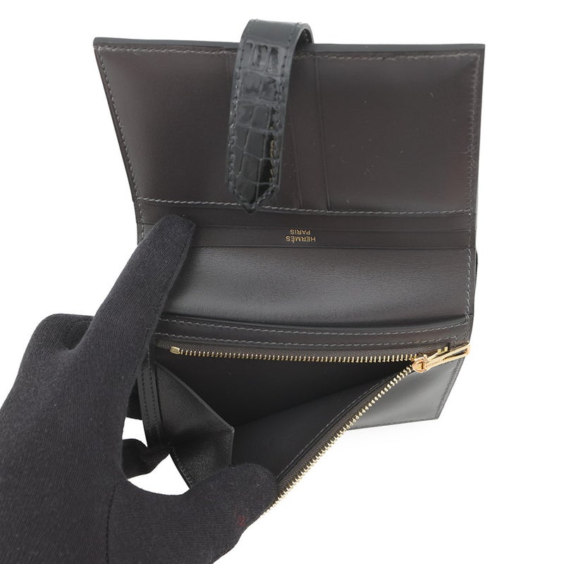 エルメス 二つ折り財布 ベアンコンパクト タッチ グラファイト/ブラック/ゴールド金具 タデラクト/アリゲーターシャイン K刻印 黒