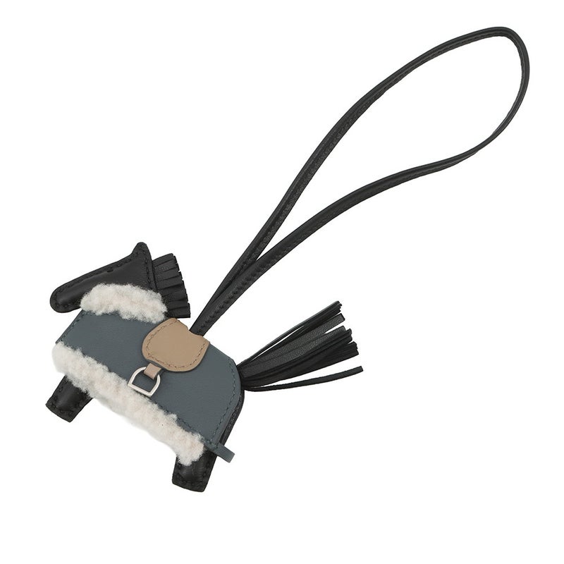 エルメス バッグチャーム ロデオPM ロベオ プラッシュ ブラック/ヴェールマングローブ/ベージュマルファ/シルバー金具 ラムスキン/ムートン K刻印 黒