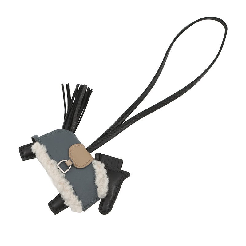 エルメス バッグチャーム ロデオPM ロベオ プラッシュ ブラック/ヴェールマングローブ/ベージュマルファ/シルバー金具 ラムスキン/ムートン K刻印 黒