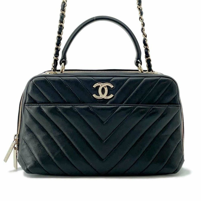 シャネル ハンドバッグ シェブロン ココマーク ボーリングバッグ ラムスキン CHANEL 2way 黒
