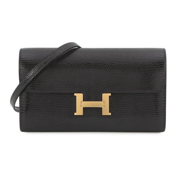エルメス 長財布 コンスタンス トゥーゴー ロング ブラック/ゴールド金具 リザードシャイン U刻印 財布 黒