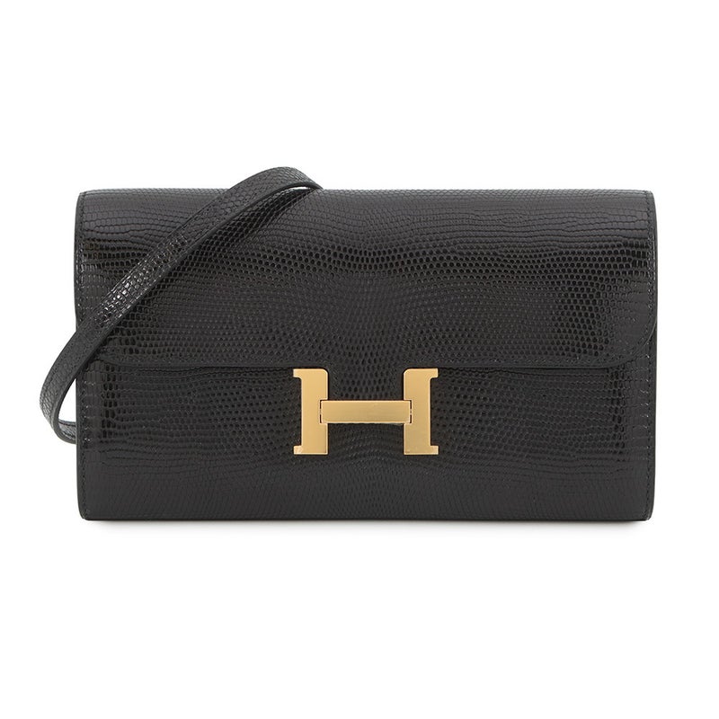 エルメス 長財布 コンスタンス トゥーゴー ロング ブラック/ゴールド金具 リザードシャイン U刻印 財布 黒