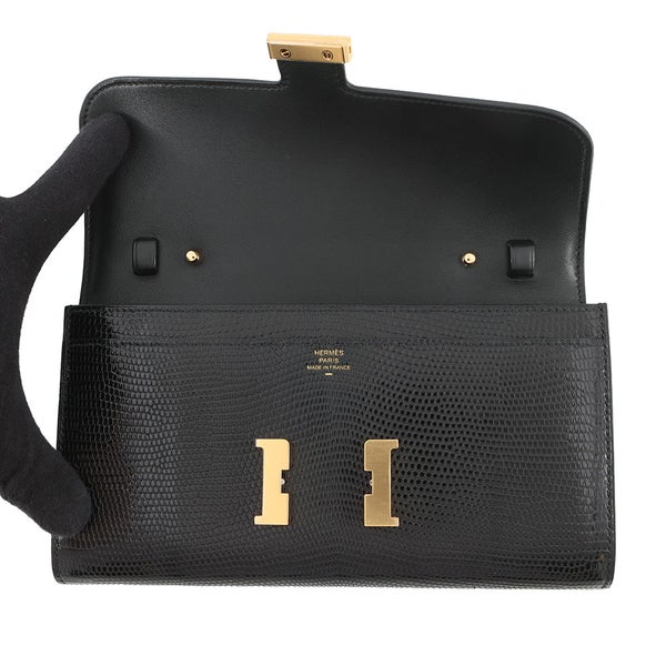 エルメス 長財布 コンスタンス トゥーゴー ロング ブラック/ゴールド金具 リザードシャイン U刻印 財布 黒