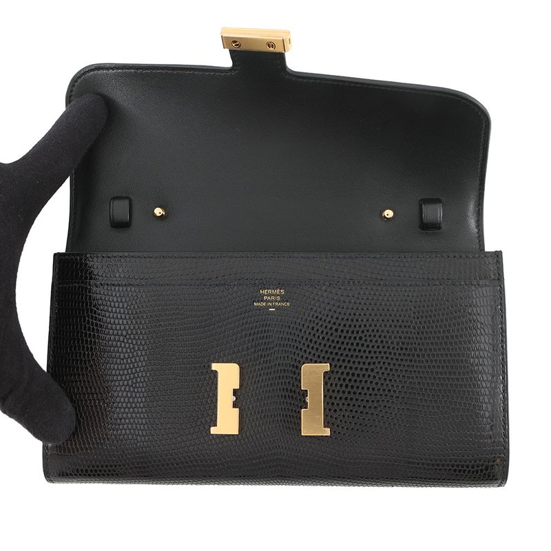 エルメス 長財布 コンスタンス トゥーゴー ロング ブラック/ゴールド金具 リザードシャイン U刻印 財布 黒