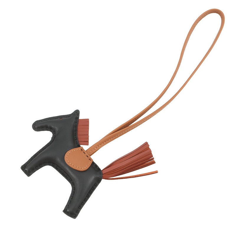 エルメス バッグチャーム ロデオ PM ブラック/シエンヌ/ゴールド ラムスキン W刻印 黒