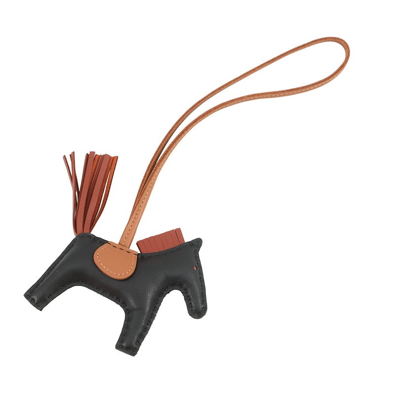 エルメス バッグチャーム ロデオ PM ブラック/シエンヌ/ゴールド ラムスキン W刻印 黒