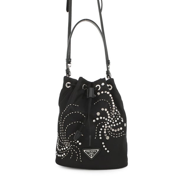 プラダ ハンドバッグ 巾着バッグ ラインストーン スタッズ ビーズ ナイロン 1BE067 PRADA 2ｗayショルダーバッグ 黒