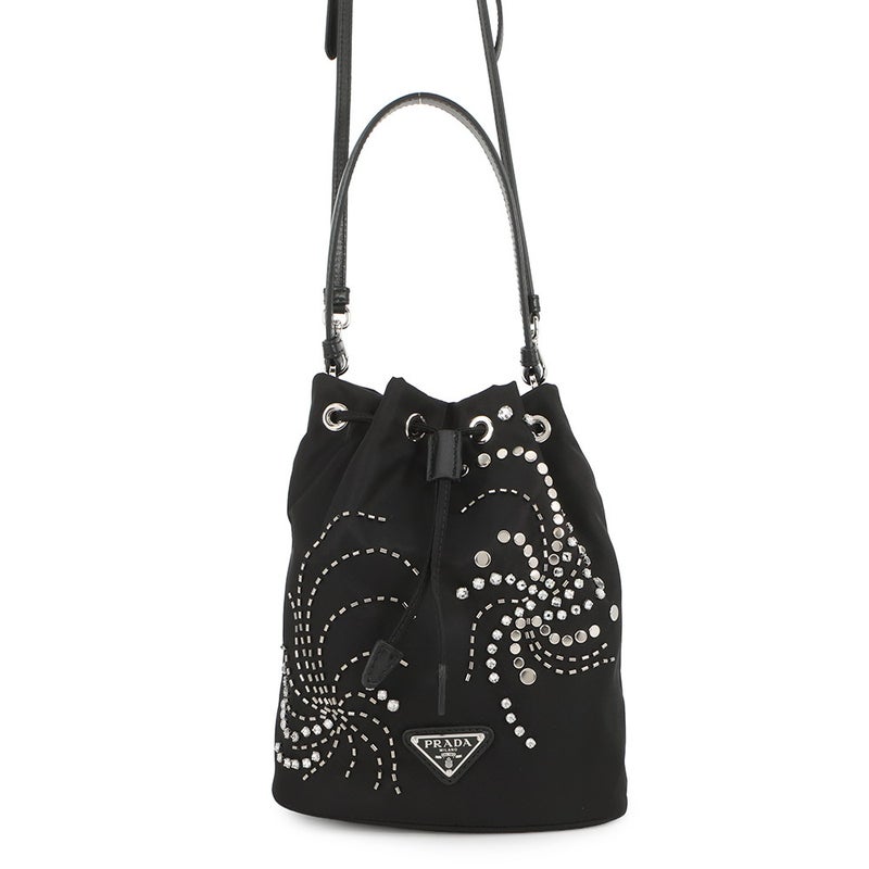 プラダ ハンドバッグ 巾着バッグ ラインストーン スタッズ ビーズ ナイロン 1BE067 PRADA 2ｗayショルダーバッグ 黒