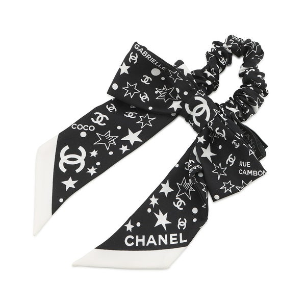 シャネル シュシュ リボン 星柄 ロゴ シルク AAA746 CHANEL ヘアアクセサリー 黒