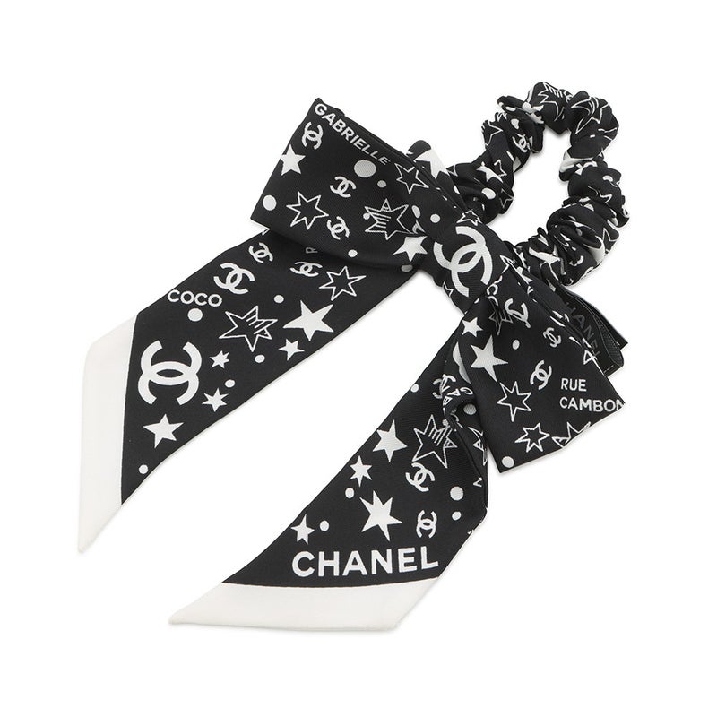 シャネル シュシュ リボン 星柄 ロゴ シルク AAA746 CHANEL ヘアアクセサリー 黒
