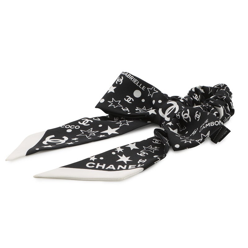 シャネル シュシュ リボン 星柄 ロゴ シルク AAA746 CHANEL ヘアアクセサリー 黒