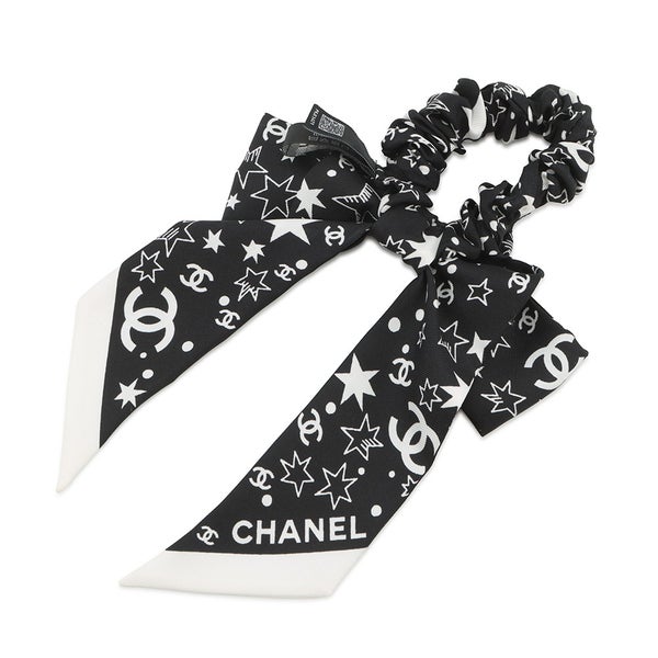 シャネル シュシュ リボン 星柄 ロゴ シルク AAA746 CHANEL ヘアアクセサリー 黒