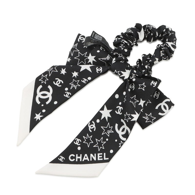 シャネル シュシュ リボン 星柄 ロゴ シルク AAA746 CHANEL ヘアアクセサリー 黒
