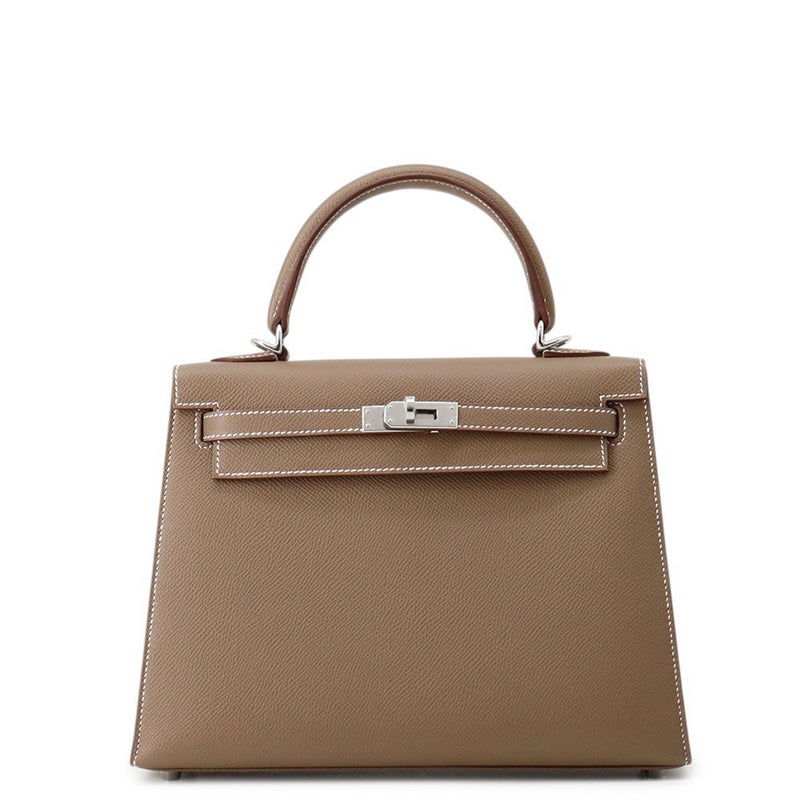 エルメス ハンドバッグ ケリー25 外縫い エトゥープ/シルバー金具 エプソンン G刻印 ２wayショルダー