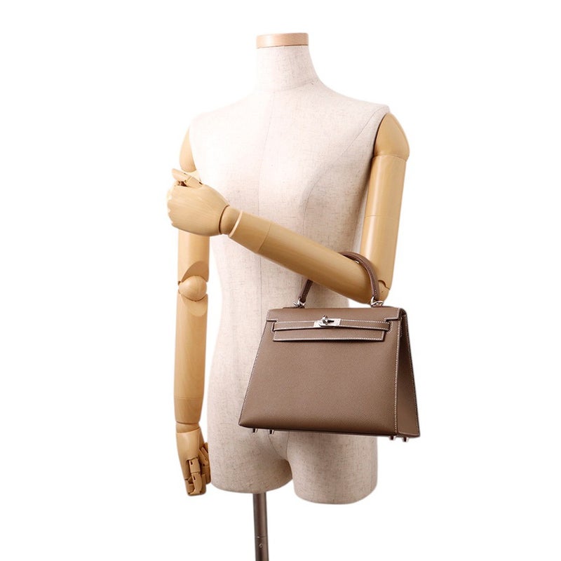 エルメス ハンドバッグ ケリー25 外縫い エトゥープ/シルバー金具 エプソンン G刻印 ２wayショルダー