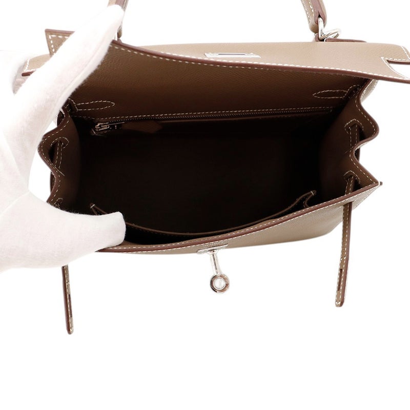 エルメス ハンドバッグ ケリー25 外縫い エトゥープ/シルバー金具 エプソンン G刻印 ２wayショルダー