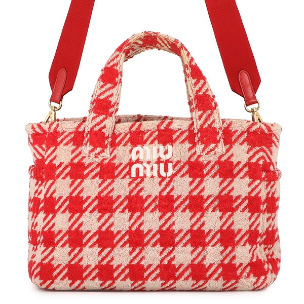 ミュウミュウ トートバッグ  ロゴ チェック 千鳥格子 テリークロス パイル 5BG236 Miu Miu 2ｗay アウトレット品