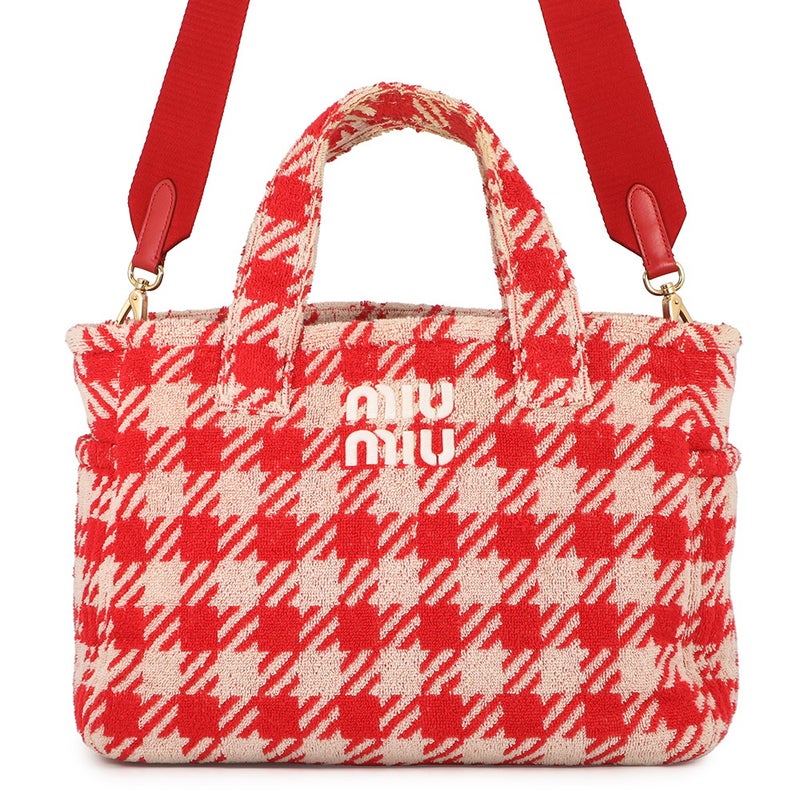 ミュウミュウ トートバッグ  ロゴ チェック 千鳥格子 テリークロス パイル 5BG236 Miu Miu 2ｗay アウトレット品