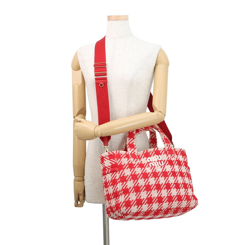 ミュウミュウ トートバッグ  ロゴ チェック 千鳥格子 テリークロス パイル 5BG236 Miu Miu 2ｗay アウトレット品