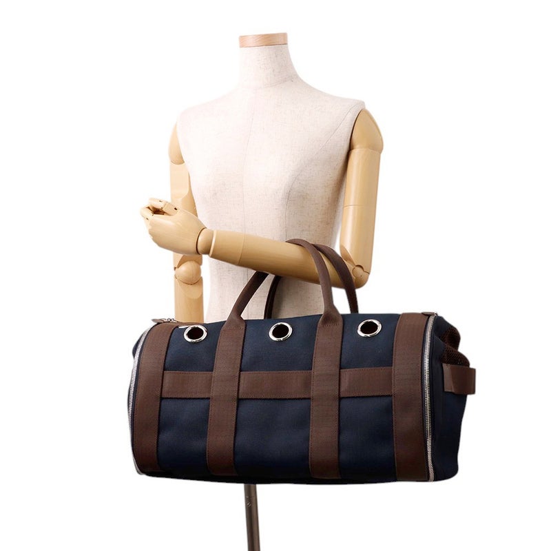 エルメス ドッグキャリーバッグ ネイビー/ブラウン/シルバー金具 キャンバス W刻印 HERMES 小型ペットキャリー