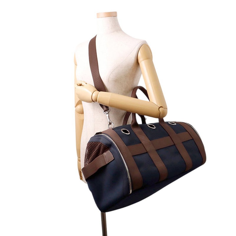 エルメス ドッグキャリーバッグ ネイビー/ブラウン/シルバー金具 キャンバス W刻印 HERMES 小型ペットキャリー