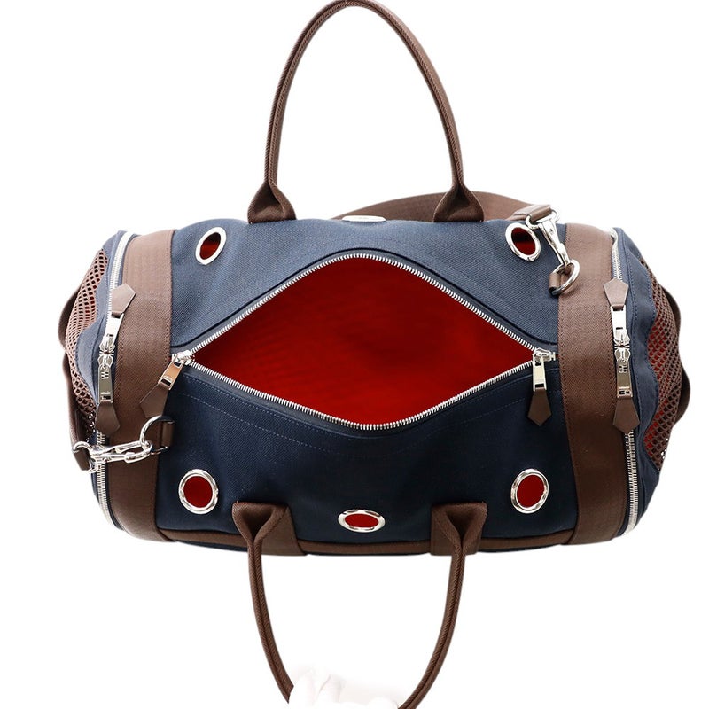 エルメス ドッグキャリーバッグ ネイビー/ブラウン/シルバー金具 キャンバス W刻印 HERMES 小型ペットキャリー