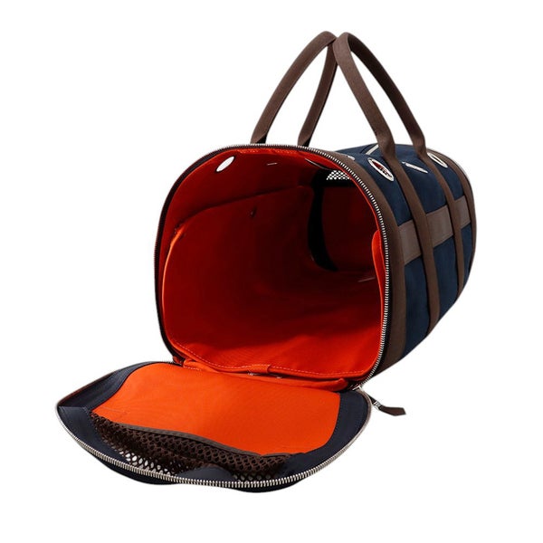 エルメス ドッグキャリーバッグ ネイビー/ブラウン/シルバー金具 キャンバス W刻印 HERMES 小型ペットキャリー