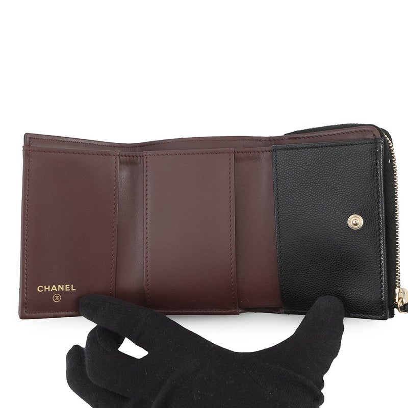 シャネル 三つ折り財布 クラシック スモール フラップ ジップウォレット キャビアスキン AP3177 CHANEL 財布 黒
