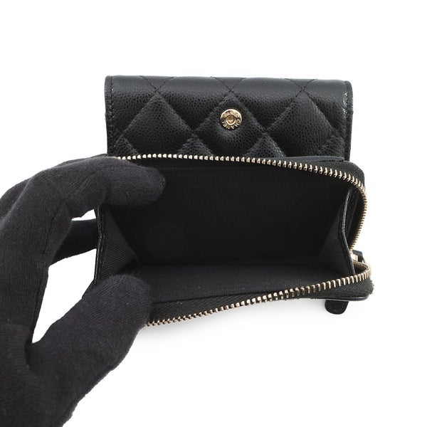 シャネル 三つ折り財布 クラシック スモール フラップ ジップウォレット キャビアスキン AP3177 CHANEL 財布 黒