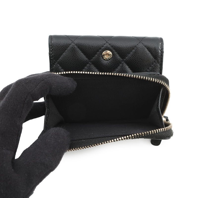 シャネル 三つ折り財布 クラシック スモール フラップ ジップウォレット キャビアスキン AP3177 CHANEL 財布 黒