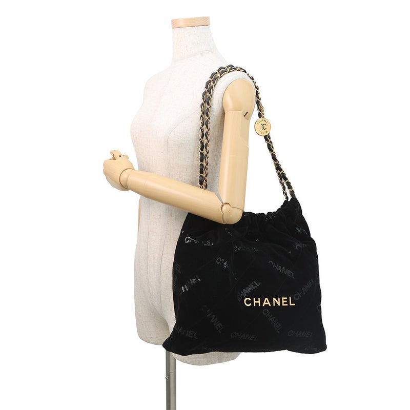 シャネル チェーンショルダーバッグ CHANEL 22 マトラッセ スモール ベロア スパンコール AS3260 CHANEL ポーチ付き 黒