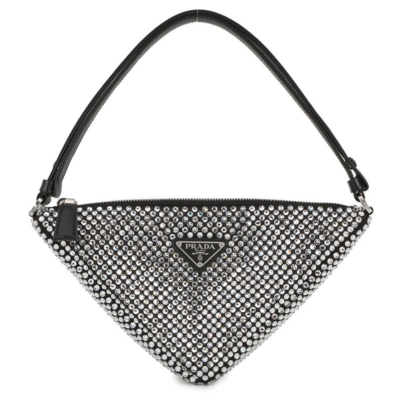 プラダ ショルダーバッグ トライアングルポーチ クリスタルビジュー サテン 1NQ044 PRADA 黒