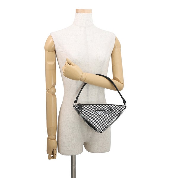 プラダ ショルダーバッグ トライアングルポーチ クリスタルビジュー サテン 1NQ044 PRADA 黒