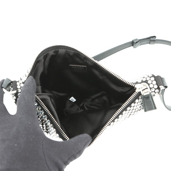 プラダ ショルダーバッグ トライアングルポーチ クリスタルビジュー サテン 1NQ044 PRADA 黒