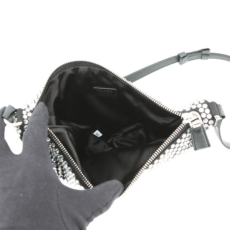 プラダ ショルダーバッグ トライアングルポーチ クリスタルビジュー サテン 1NQ044 PRADA 黒