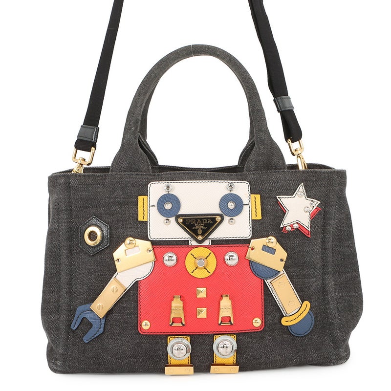 プラダ トートバッグ カナパ CANAPA ロボット デニム/レザー 1BG439 PRADA 2wayショルダーバッグ 黒