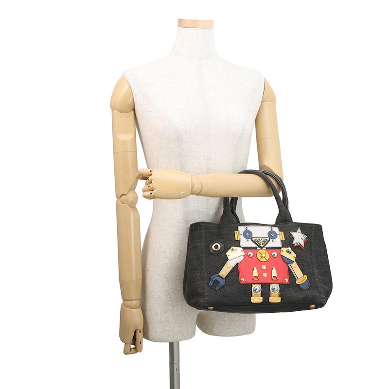プラダ トートバッグ カナパ CANAPA ロボット デニム/レザー 1BG439 PRADA 2wayショルダーバッグ 黒