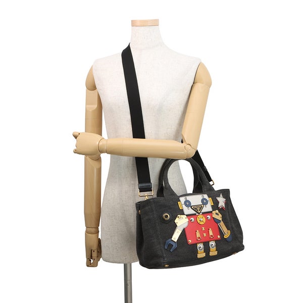 プラダ トートバッグ カナパ CANAPA ロボット デニム/レザー 1BG439 PRADA 2wayショルダーバッグ 黒