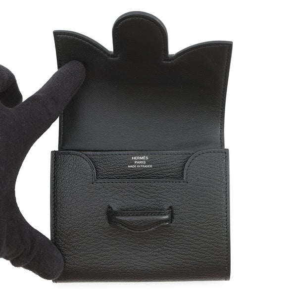 エルメス コインケース ポートフォリオ 1938-12 コンパクト ウォレット ブラック/シルバー金具 シェブルミゾル C刻印 財布 黒