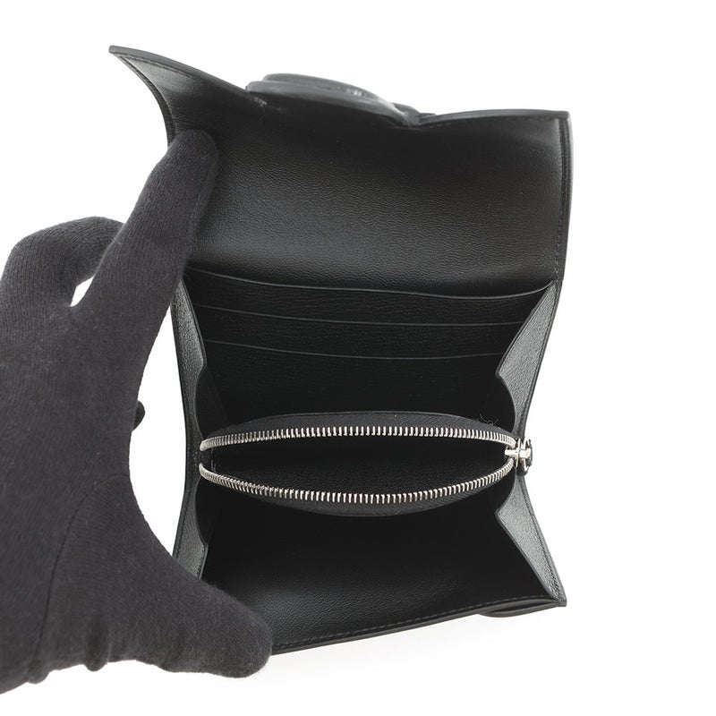 エルメス コインケース ポートフォリオ 1938-12 コンパクト ウォレット ブラック/シルバー金具 シェブルミゾル C刻印 財布 黒