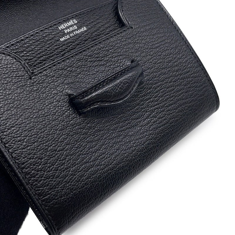 エルメス コインケース ポートフォリオ 1938-12 コンパクト ウォレット ブラック/シルバー金具 シェブルミゾル C刻印 財布 黒