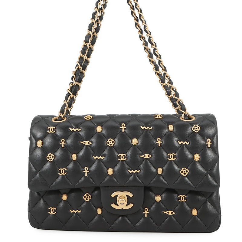 シャネル チェーンショルダーバッグ マトラッセ25 エジプトチャーム ココマーク ダブルチェーン ラムスキン A01112 黒