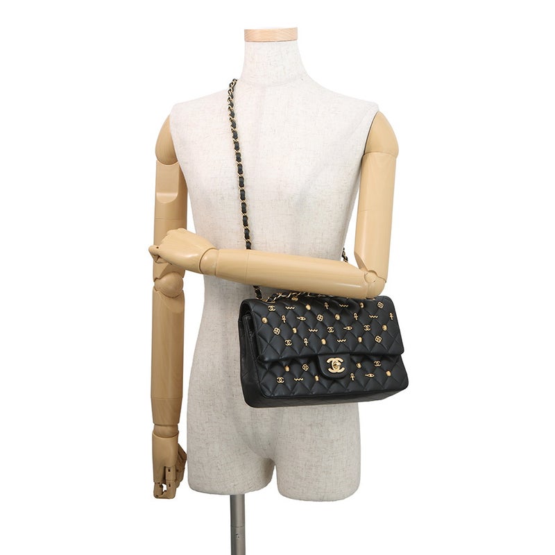 シャネル チェーンショルダーバッグ マトラッセ25 エジプトチャーム ココマーク ダブルチェーン ラムスキン A01112 黒