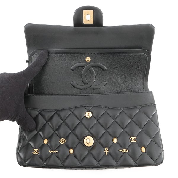 シャネル チェーンショルダーバッグ マトラッセ25 エジプトチャーム ココマーク ダブルチェーン ラムスキン A01112 黒