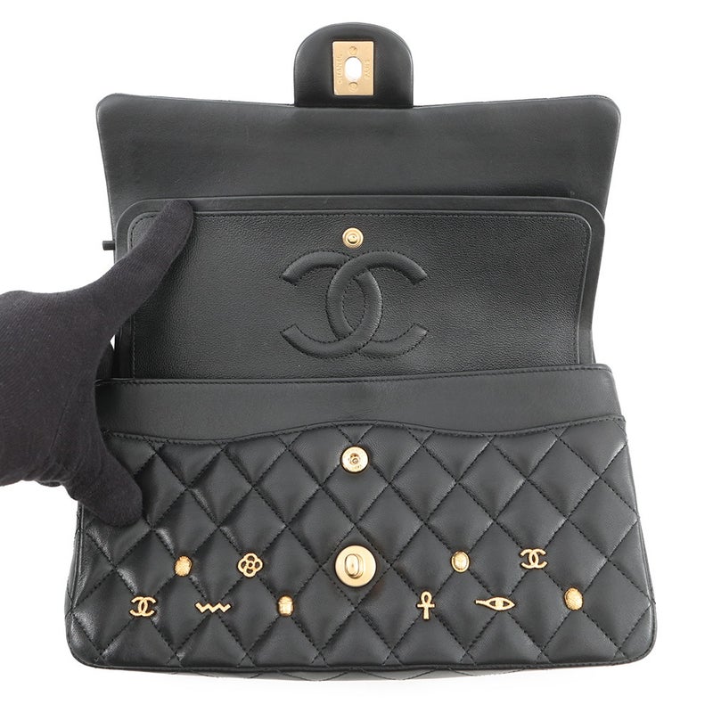 シャネル チェーンショルダーバッグ マトラッセ25 エジプトチャーム ココマーク ダブルチェーン ラムスキン A01112 黒