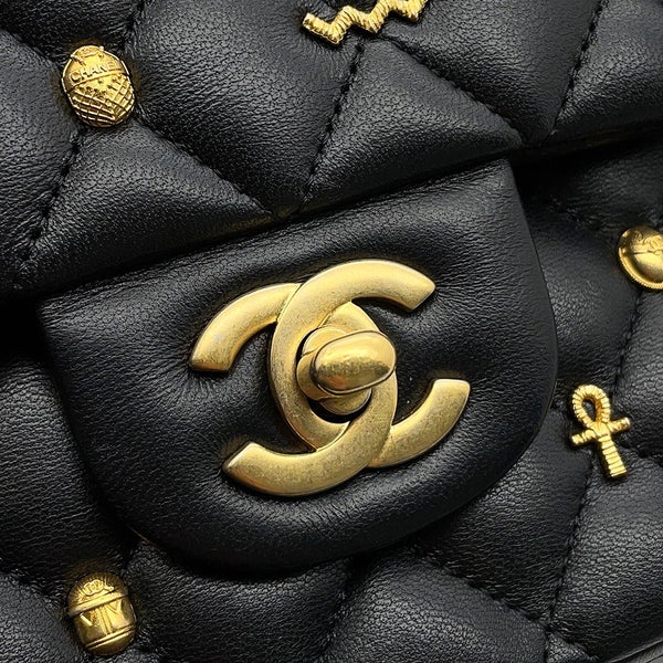 シャネル チェーンショルダーバッグ マトラッセ25 エジプトチャーム ココマーク ダブルチェーン ラムスキン A01112 黒